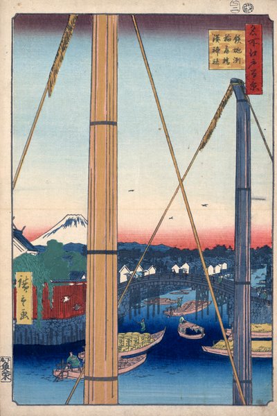 A kikötői szentély és az Inari híd Teppozuban, Edo száz híres kilátása, 1856-1858. alkotó: Utagawa Hiroshige