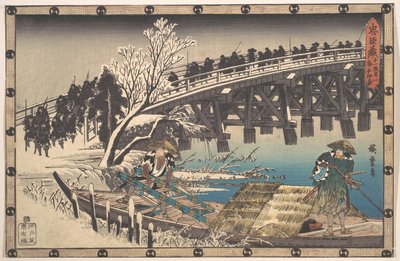 A hűséges rónin átkel a hosszú hídon, hogy hajóra szálljon a Moronao elleni éjszakai támadáshoz alkotó: Utagawa Hiroshige