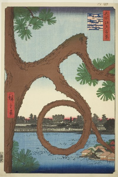 A holdfenyő az uenói templom területén (Ueno sannai Tsuki no matsu), a "Edo száz híres képe (Meisho Edo hyakkei)" sorozatból alkotó: Utagawa Hiroshige