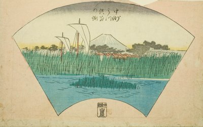 A háromágú folyó szétválási mélysége Nakasunál (Nakasu Mitsumata Wakarenofuchi), a „Kivágott képek Edo híres helyeiről (Edo meisho harimaze zue)” című sorozat lapjának egy része. alkotó: Utagawa Hiroshige