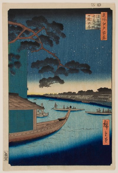 A találkozó fenyője az Asakusa folyó közelében és az Oumaya-part a Sumida folyónál, az „Edo száz nevezetes látképe” sorozatból alkotó: Utagawa Hiroshige