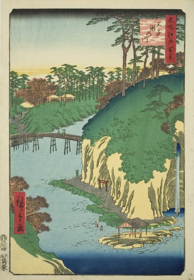 A vízesések folyója Oji-nál (Oji Takinogawa), az "Edo száz híres képe (Meisho Edo hyakkei)" sorozatból. alkotó: Utagawa Hiroshige
