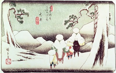 „Utazók a hóban Oiban”, a „Kisokaido 69 állomása” sorozatból, pub. 1830-as évek vége, (oban méret, yoko-e - vízszintes formátum, színes fatömb nyomat) alkotó: Utagawa Hiroshige