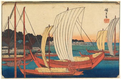 A Tsukudajima kikötőjébe befutó csónakok látképe alkotó: Utagawa Hiroshige