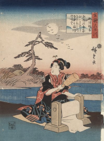 Posztót ványoló nő Settsu tartományban, a Hat ékkőfolyó régi költeményekben sorozatból alkotó: Utagawa Hiroshige