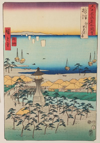 A Demi-part és a világítótorony Settsu tartományban / Settsu Sumiyoshi Demi no hama, az „Híres helyek látképei a hatvanvalahány tartományban” sorozat 5. táblája / Rokuju yoshu meisho zue alkotó: Utagawa Hiroshige