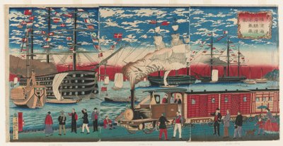 Kép egy mozdonyról a Yokohama Waterfront mentén, Yokohama, Edo időszak alkotó: Utagawa Hiroshige III