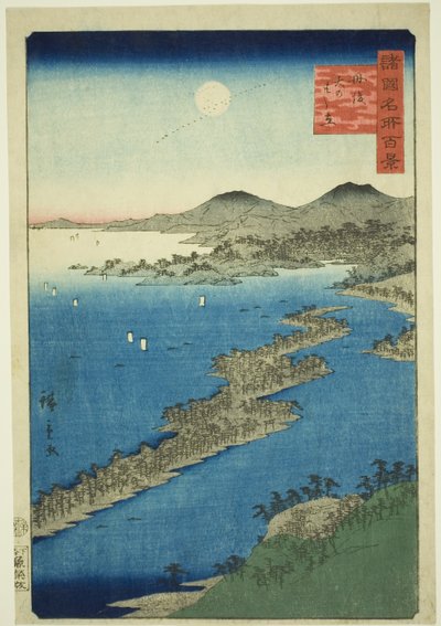 Amanohashidate Tango tartományban (Tango Amanohashidate), a "Száz híres nézet a különböző tartományokban (Shokoku meisho hyakkei)" sorozatból alkotó: Utagawa Hiroshige II