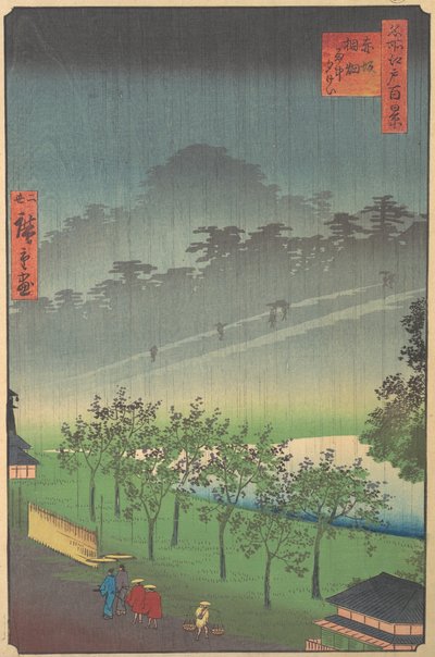 Esti Kiribata kilátása esőben Akasakában, 1859. alkotó: Utagawa Hiroshige II