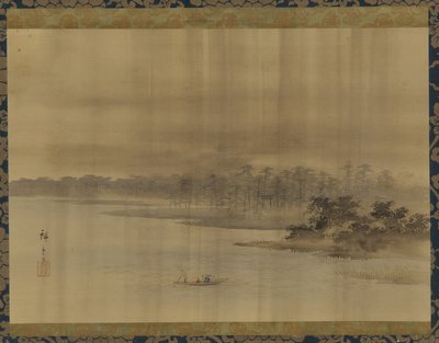 Folyói táj és templom az esőben, Edo-korszak, 19. század. alkotó: Utagawa Hiroshige II