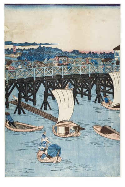 Híres helyek Tokióban, valódi kilátás a Ryogoku-hídra alkotó: Utagawa II Hiroshige