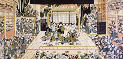 Kabuki színházi előadás Edóban, Utagawa Kunimaru (1794-1829) ukiyo-e művészeti lenyomata, fametszet, japán civilizáció, Edo-korszak alkotó: Utagawa Kunimaru