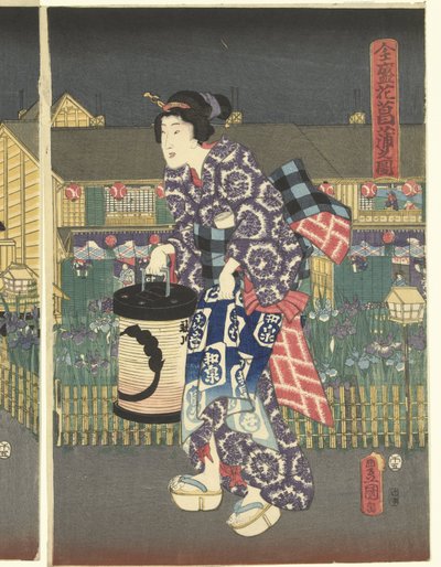 Bejövő vonal tagja Az aranyvirágos könyvklub rajza (vérhang obje CT) alkotó: Utagawa Kunisada (I)