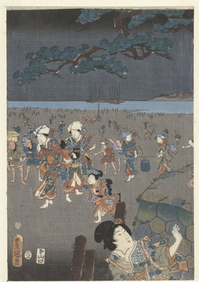 Kagylók gyűjtése az Akashi strandon Akashi no ura shiogari no zu alkotó: Utagawa Kunisada (I)