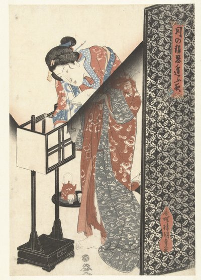Nő a lámpánál Titkos éjszakai randevúk – Moonlight (sorozat címe) Tsuki no kage shinobiau yoru (sorozat címe a tárgyon) alkotó: Utagawa Kunisada (I)