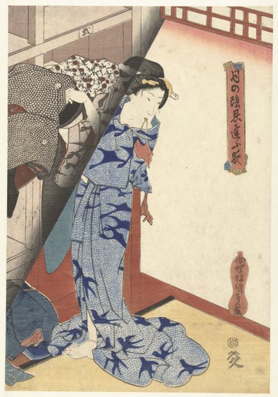 Nő elrak egy kimonót Titkos éjszakai randevúk – Moonlight (sorozat címe) Tsuki no kage shinobiau yoru (sorozat címe a tárgyon) alkotó: Utagawa Kunisada (I)