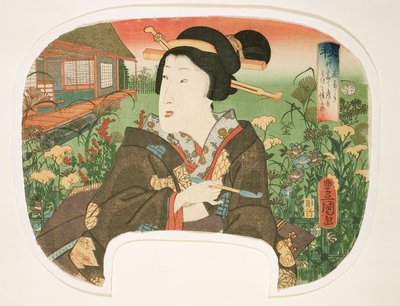 Autumn, Hanayashiki: Pipás gésa, 1858-60 évszakokat illusztráló négyes készlet legyezőre tervezett gésa (fanyomat) alkotó: Utagawa Kunisada
