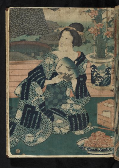 Avant et après – ülő japán nő, aki legyezgeti magát a „A hatodik hónap: Ruha nyári levegőzése” című filmből alkotó: Utagawa Kunisada