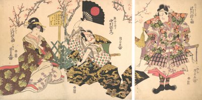 Kabuki jelenet Kumagai táborában, Az Ichinotani csata krónikája I... című darabból, 1811. alkotó: Utagawa Kunisada
