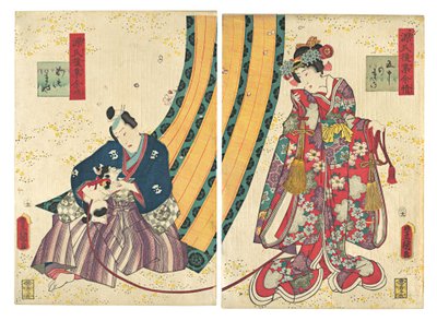 A harmadik hercegnő és Kashiwagi paródiája: „50. fejezet: Egy kunyhó húsvétkor..., 1858, második hónap. alkotó: Utagawa Kunisada