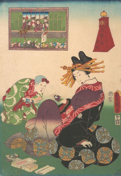 A tavaszi örömök tizenkét órája: Kecske órája, 19. század., 19. század. alkotó: Utagawa Kunisada