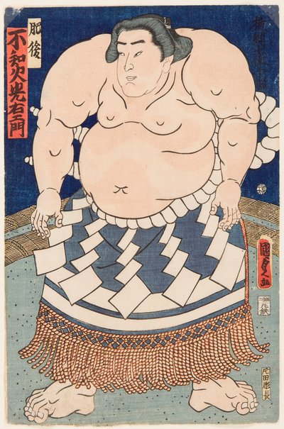 Shiranui Mitsuemon (1825-1879) szumóbirkózó portréja rituális köténnyel. Nyomtatás: Utagawa Kunisada II (1823-1880) alkotó: Utagawa Kunisada II