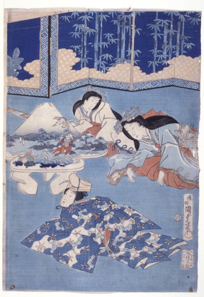 A tavasz köszöntése virággyűjtéssel (Hana Soroi Haru No Taimen) (színes fanyomat) alkotó: Utagawa Kunisada II
