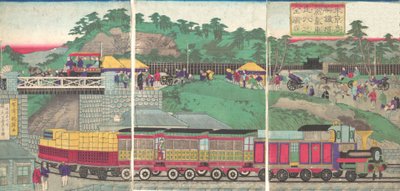 Illusztráció egy gőzmozdonyról, amely a tokiói Takanawa vasúton fut Tokió ta..., kb. 1873. alkotó: Utagawa Kuniteru