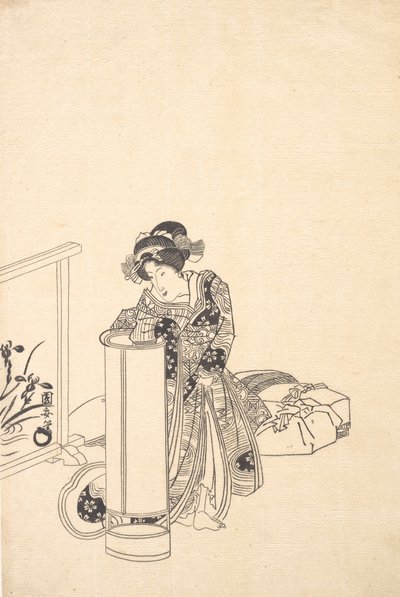 Fiatal nő egy magas lámpa fölé hajolva. alkotó: Utagawa Kuniyasu