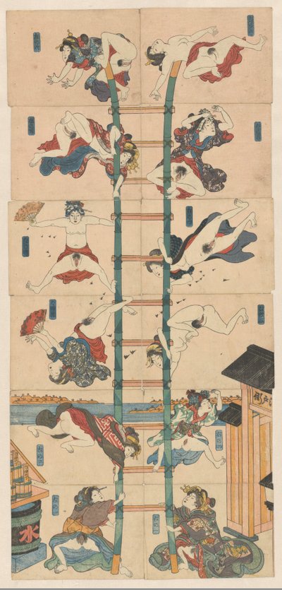 Tizenkét koban Shunga sorozat prostituáltakkal akrobatikus tűzoltók szerepében alkotó: Utagawa Kuniyoshi (school of)
