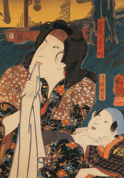 Színész elgondolkodó pózban gyermek mellett, Utagawa Kuniyoshi, fametszet alkotó: Utagawa Kuniyoshi