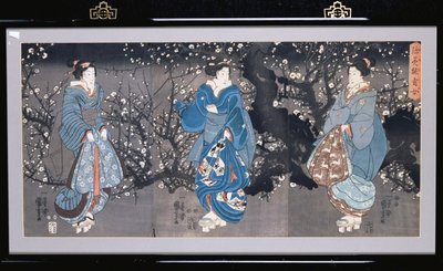 Egy oban triptichon, amely egy éjszakai jelenetet ábrázol három bidzsinnel alkotó: Utagawa Kuniyoshi