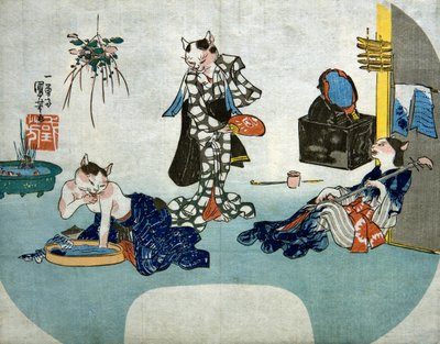 Nyáron pihenő antropomorf macskák, 1842 körül alkotó: Utagawa Kuniyoshi