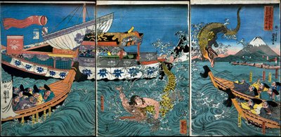 Asahina Yoshihide harca két krokodillal a tengerben Kamakura Kotsubo mellett alkotó: Utagawa Kuniyoshi