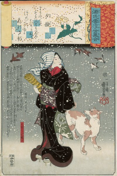 Bijin kutyával a hóban, a Genji mitate sorozatból alkotó: Utagawa Kuniyoshi