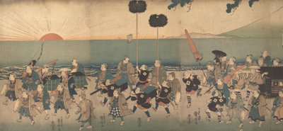 Fiúk játszanak egy Daimyo menetben, 19. század. alkotó: Utagawa Kuniyoshi