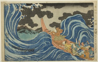 Mantra leadása a hullámokra a Sado-szigetre száműzetett Kakutában (Sashu rukei Kakuta nami daimoku), a "Nagy pap [Nichiren] tömör illusztrált életrajza (Koso go ichidai ryakuzu)" sorozatból. alkotó: Utagawa Kuniyoshi