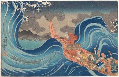 Nichiren szerzetes rövid, illusztrált életrajza: A viharos tenger lecsendesítése Tsunodánál a Sado-szigeti száműzetés idején alkotó: Utagawa Kuniyoshi