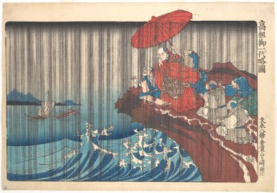 Nichiren szerzetes rövid képes életrajza: esőért mondott imája meghallgatásra talál Ryōzengaszakiban, Kamakurában alkotó: Utagawa Kuniyoshi