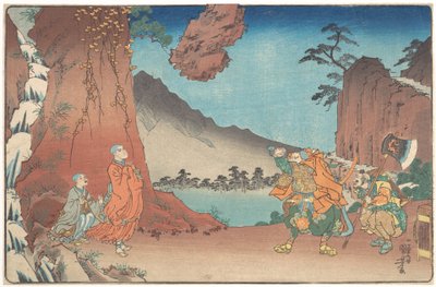 Nichiren szerzetes rövid képes életrajza: Az ima ereje által lebegő szikla a Komuro-hegyen alkotó: Utagawa Kuniyoshi
