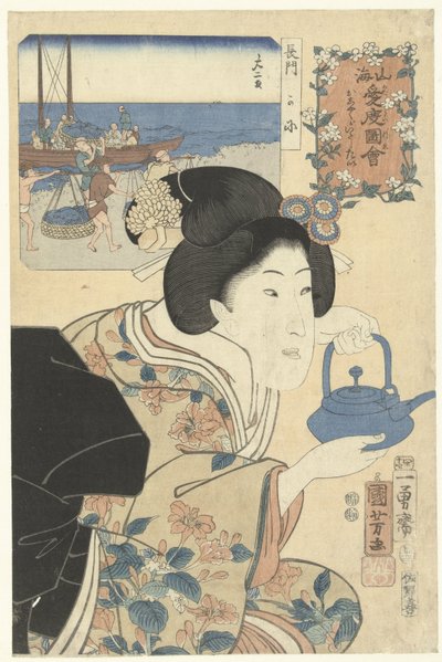 A szorgalmas pincérnő Meleg érzések a hegy és a tenger iránt (sorozat címe) Sankai medetai zue (sorozat címe az objektumon) alkotó: Utagawa Kuniyoshi