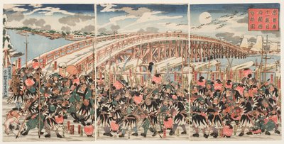 A "Chushingura" tizenegyedik törvénye: A hűséges csatlósok összegyűlnek a Ryogoku hídnál alkotó: Utagawa Kuniyoshi