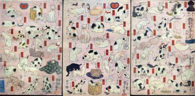 Ötvenhárom macska szójátékként a Tōkaidō úton lévő állomás nevére (Sono mama jiguchi myōkaidō gojūsan biki), 1848 körül alkotó: Utagawa Kuniyoshi
