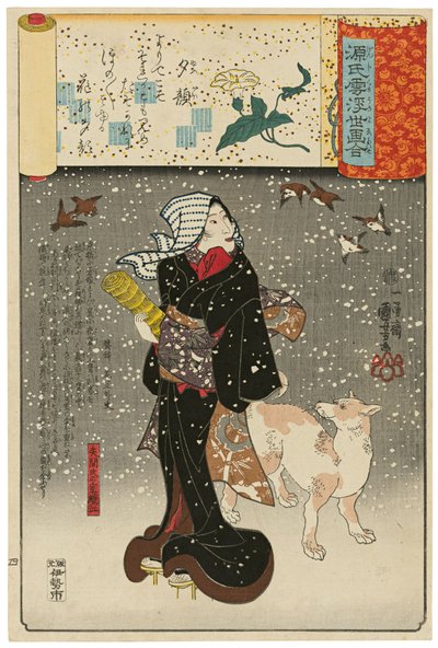 „Az esti arcok hölgye” (Yūgao): Yazama felesége, Orie (Yazama-shi no shitsu Orie), a Genji-felhők közötti jelenetek ukiyo-e képekkel párosítva (Genji-gumo ukiyo e-awase) című sorozatból alkotó: Utagawa Kuniyoshi