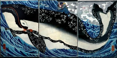 Miyamoto Musashi megöl egy hatalmas bálnát, 1847 körül alkotó: Utagawa Kuniyoshi