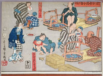 Erkölcsi tanítás boltosoknak, jó és rossz viselkedési példák adása, 1857 (színes fatömbnyomat) alkotó: Utagawa Kuniyoshi