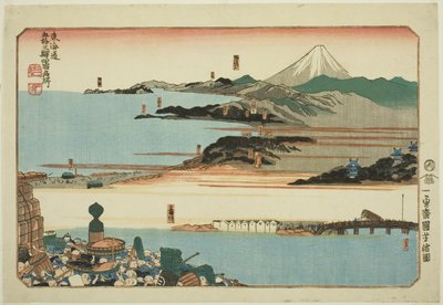 Nihonbashi, Shinagawa, Kawasaki és Kanagawa, a "Híres helyek a Tokaido ötvenhárom állomásán, négy állomás (Tokaido gojusan eki yonshuku meisho)" sorozatból. alkotó: Utagawa Kuniyoshi