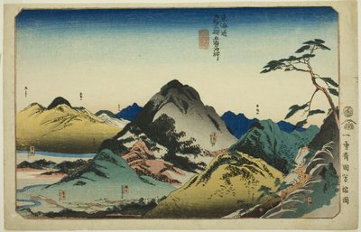 Nissaka, Kakegawa, Fukuroi, Mitsuke és Hamamatsu, a "Híres helyek a Tokaido ötvenhárom állomásán, öt állomás (Tokaido gojusan eki goshuku meisho)" sorozatból. alkotó: Utagawa Kuniyoshi