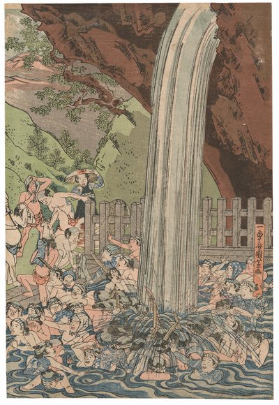 Zarándokok az Oyama-i Roben-vízesésnél, Ichiyusai Kuniyoshi aláírása, kiadó: Azumaya Daisuke, kiwame pecsét, Oban tate-e triptichon (színes fatömbnyomat) alkotó: Utagawa Kuniyoshi