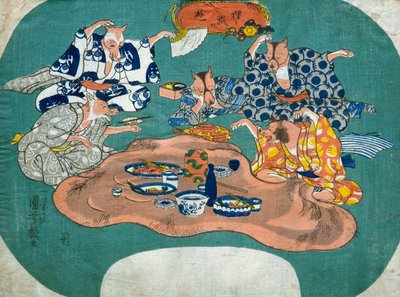 Mosómedve és róka játékban (Tanuki – kitsune no asobi), 1842 körül alkotó: Utagawa Kuniyoshi